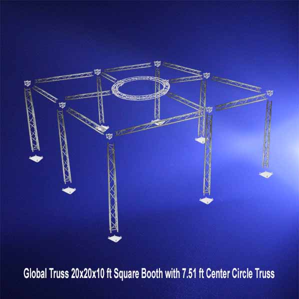 Global Truss F34 20x20x10 ft Square Booth with a 7.51 ft Center Circle Truss on blue background