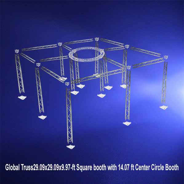 Global Truss 29.09x29.09x9.97 ft Square Booth with a 14.07 ft Inner Center Truss Circle Booth on blue background