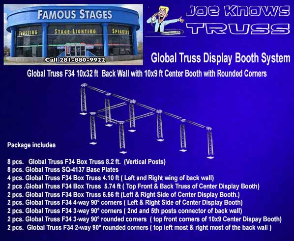 Global Truss F34 10x32 ft Back Wall with 10x9 ft Center Booth with Rounded Corners Package List