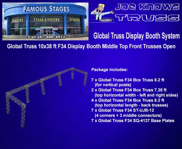 Global Truss F34 10x38 ft Trade Show Booth with an Open Middle Top Front Trusses Open Materials List