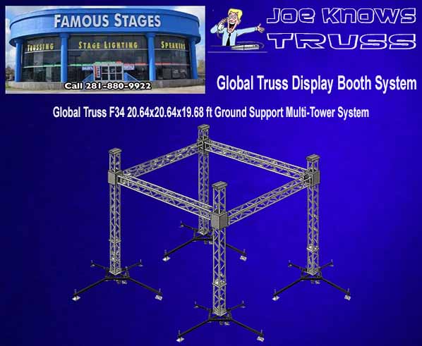 Global Truss 20.64’ x 20.64’ x 19.68’ Multi-Tower Ground Support System on blue background