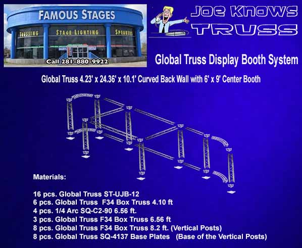 Global Truss 4.23' x 24.36' x 10.1' Curved Back Wall with 6' x 9' Center Booth on blue background