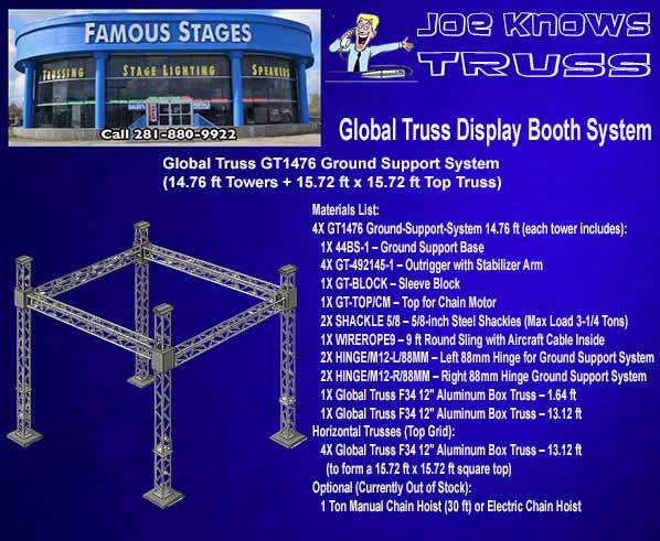 Global Truss GT1476 Ground Support System (14.76 ft Towers + 15.72 ft x 15.72 ft Top Truss) on blue background
