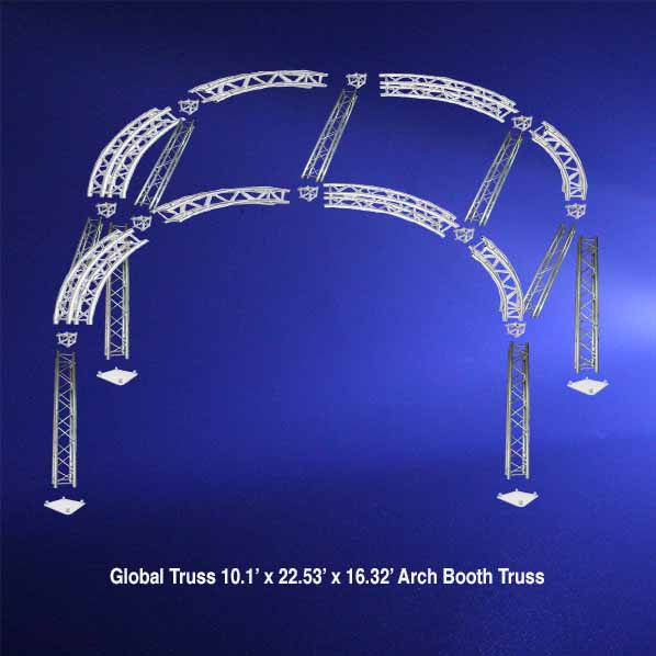 Global Truss 10.1’ x 22.53’ x 16.32’ Arch Booth Truss on blue background