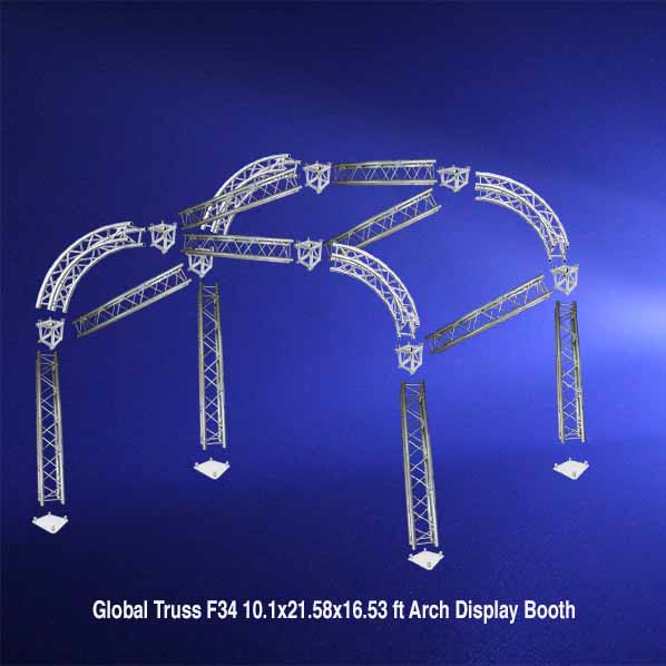 Global Truss F34  10.1’ x 21.58’ x 16.53’  Arch Display Booth on blue background