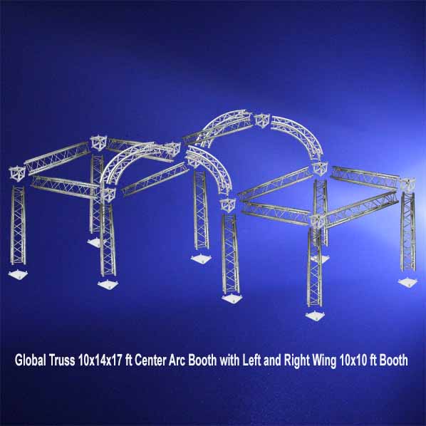 Global Truss 10x14x17 ft Center Arc Booth with Left and Right 10x10 ft Wings on blue background