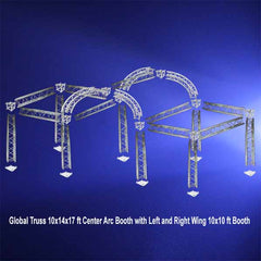 Global Truss 10x14x17 ft Center Arc Booth with Left and Right 10x10 ft Wings on blue background