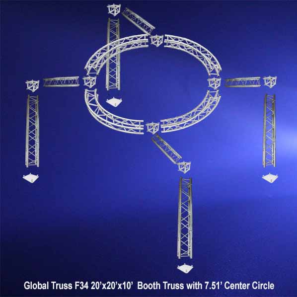 Global Truss F34 20x20x10 Booth Truss with a 7.51 ft Center Circle in blue background