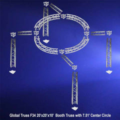 Global Truss F34 20x20x10 Booth Truss with a 7.51 ft Center Circle in blue background