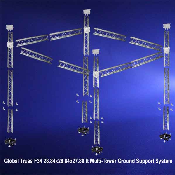 Global  Truss F34 28.84' x 28.84' x 27.88' Multi-Tower Ground Support System on blue background