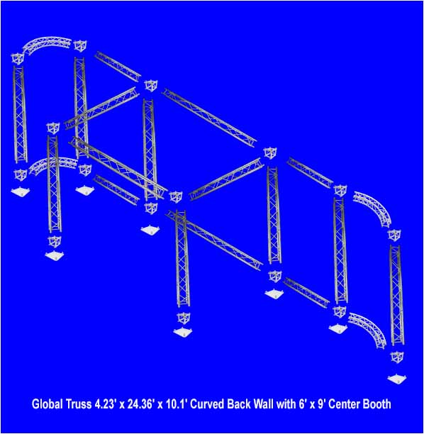 Global Truss 4.23' x 24.36' x 10.1' Curved Back Wall with 6' x 9' on blue background