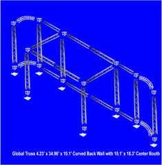 Global Truss 4.23' x 34.96' x 10.1' Curved Back Wall with 10.1' x 18.3' Center Booth on blue background