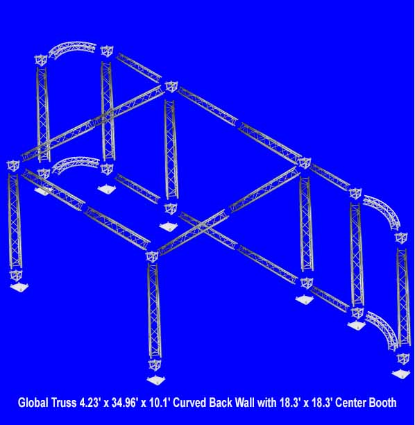Global Truss 4.23’ x 34.96’ x 10.1’ Curved Back Wall with 18.3’  x 18.3’ Center Booth on blue background