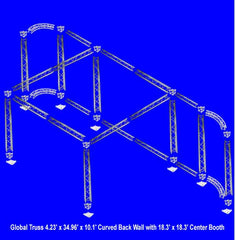 Global Truss 4.23’ x 34.96’ x 10.1’ Curved Back Wall with 18.3’  x 18.3’ Center Booth on blue background