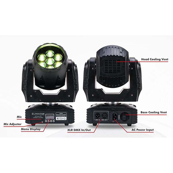 Eliminator Lighting Stealth Wash Zoom-ADJ-Pack of 3 for Stage Lights/Truss events - front-back view features