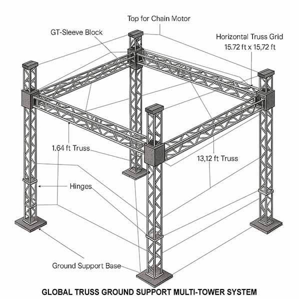 Technical diagram of a global truss ground support multi-tower system with labeled parts.