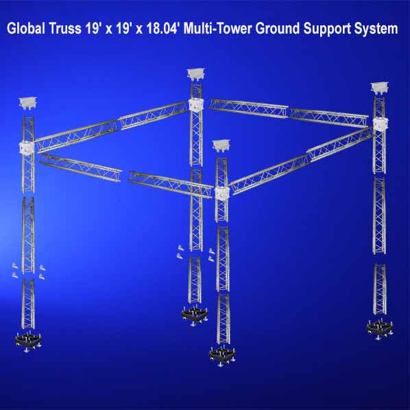Global Truss 19' x 19' x 18.04' Multi-Tower Ground Support System on blue background
