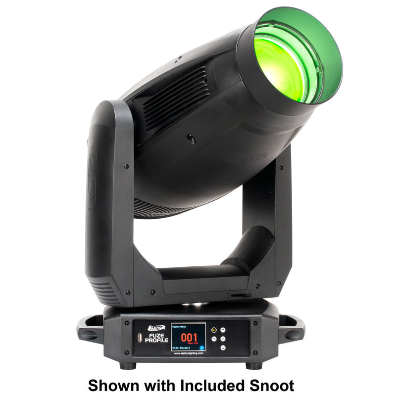 Elation Lighting Fuze Profile Moving Head - front left side with green effects and snoot
